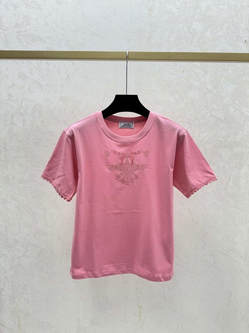 Hermes Classic Solid Round Neck Short Sleeve Knit in White, Pink & Black