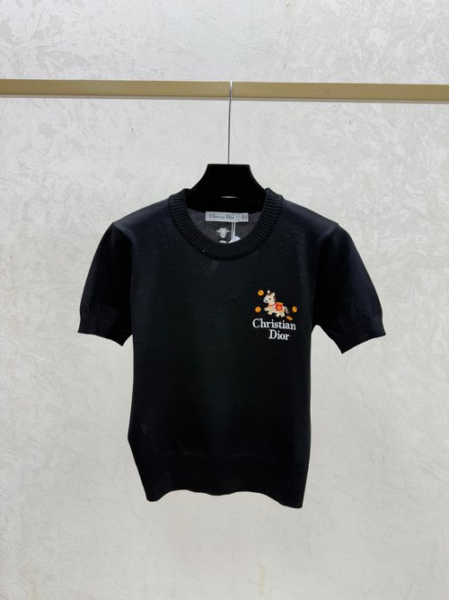 Dior Solid Color Simple Round Neck Knit Short Sleeve in White, Red & Black