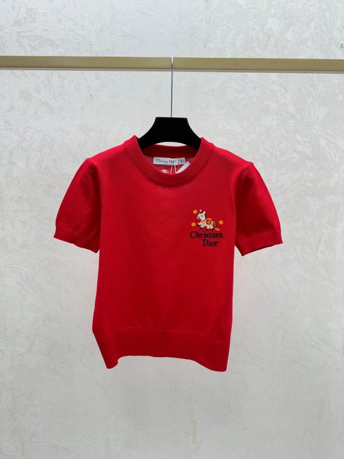 Dior Classic Solid Round Neck Short Sleeve Knit in White, Red & Black