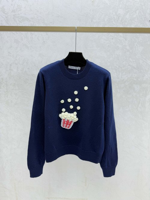 Dior Autumn Knit Long Sleeve Floral Round Collar in White, Grey & Navy