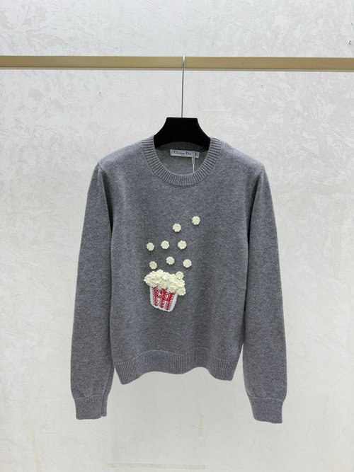Dior Autumn Knit Long Sleeve Floral Round Collar in White, Grey & Navy