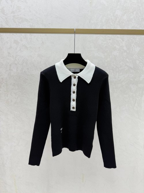 Dior Knitted Long-Sleeved Top with Contrast Collar in White, Red & Black