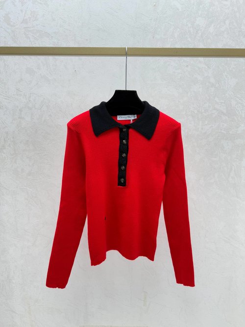 Dior Knitted Long-Sleeved Top with Contrast Collar in White, Red & Black