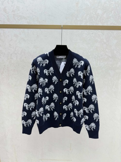 Dior Knitted Long-Sleeved Cardigan with Contrast Pony and V-Neck in Apricot, Red & Sapphire