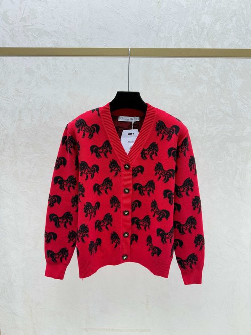 Dior Knitted Long-Sleeved Cardigan with Contrast Pony and V-Neck in Apricot, Red & Sapphire