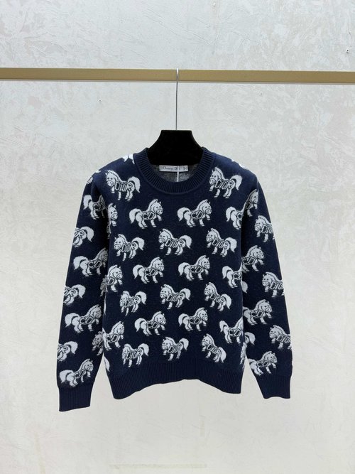 Dior Apricot, Red & Sapphire Knitted Round-Neck Top with Contrast Pony