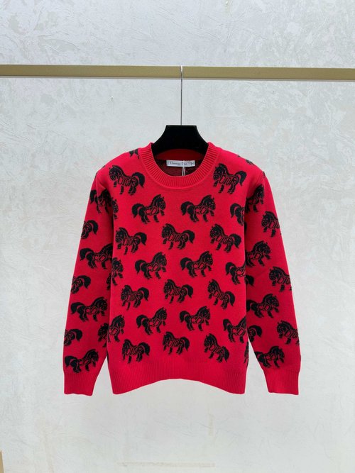 Dior Apricot, Red & Sapphire Knitted Round-Neck Top with Contrast Pony