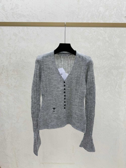 Dior Solid Color V-Neck Knit Cardigan in White, Khaki & Gray
