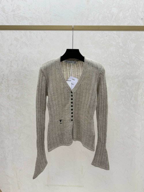 Dior Solid Color V-Neck Knit Long Sleeve Cardigan in White, Khaki, Gray
