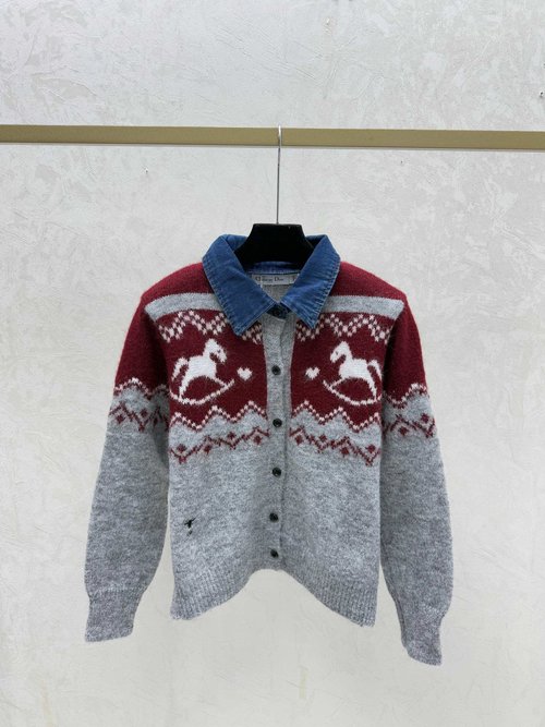 Dior Contrast Pony Collared Knit Long-Sleeve Cardigan, Timeless Design