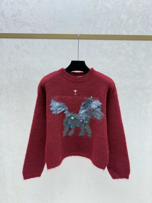 Dior Color-Blocked Pony Studded Sequined Long-Sleeve in White and Red