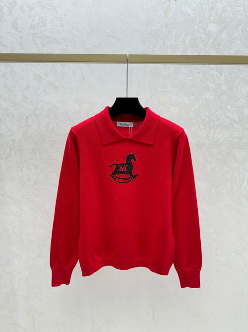 Max Mara Contrasting Pony Collar Long - Sleeve Knit in Khaki, Red