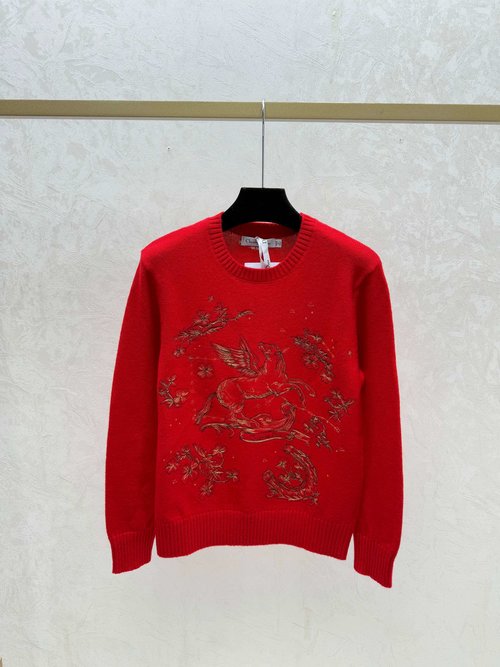 Dior Contrasting Pony Embroidery Round Neck Long - Sleeve Knit in Red, White, Black