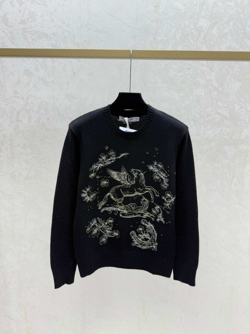 Dior Color-blocked Pony Embroidery Round-neck Knit Long Sleeve in Red, White, Black