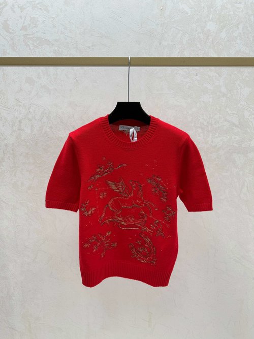 Dior Color-blocked Pony Embroidery Round-neck Knit Short Sleeve in Red, White, Black