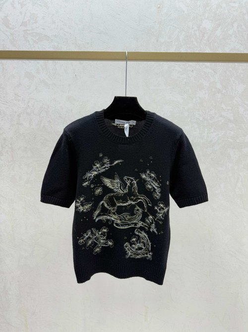 Dior Color-blocked Pony Embroidery Round-neck Knit Short Sleeve in Red, White, Black