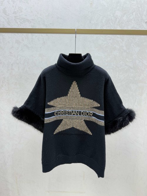 Dior Color-blocked Star Letter Turtleneck Feathered Knitted Long Sleeve