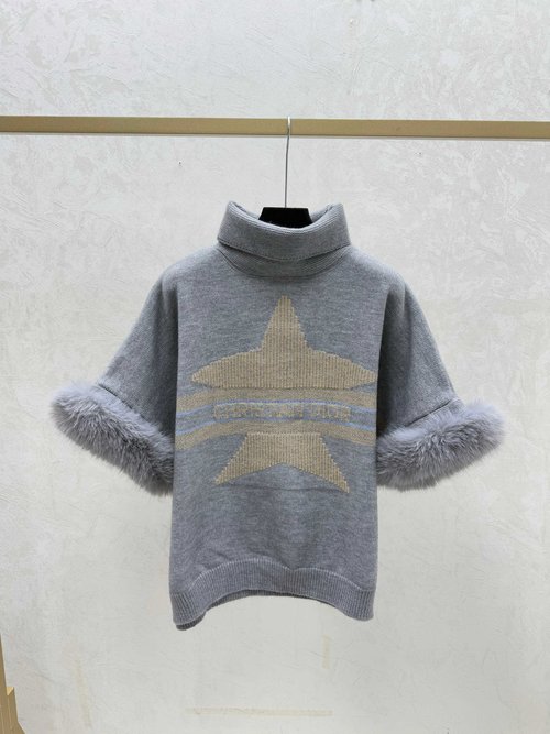 Dior Color-blocked Star Letter Turtleneck Feathered Knitted Long Sleeve