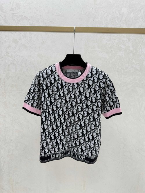 Dior Pink and Black Color-blocked Floral Letter Knit Top