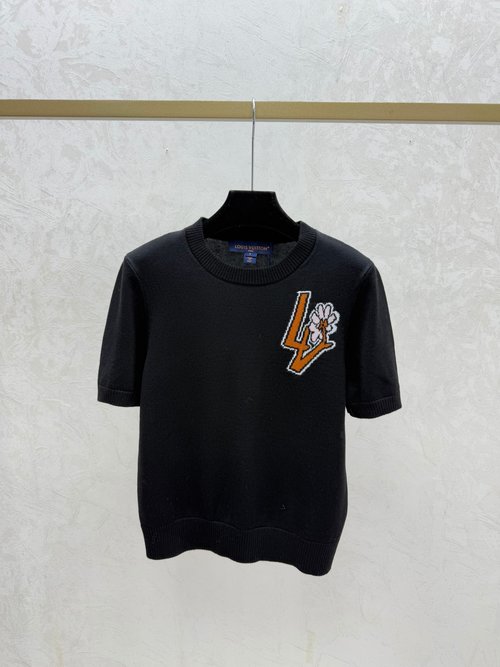 Louis Vuitton White and Black Color-blocked Letter Round-neck Knit Top