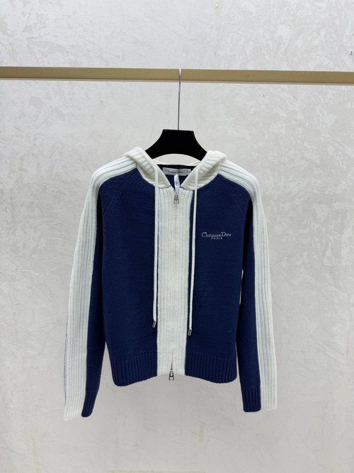 Dior Hooded Gray and Royal Blue Contrast Color Knit Cardigan