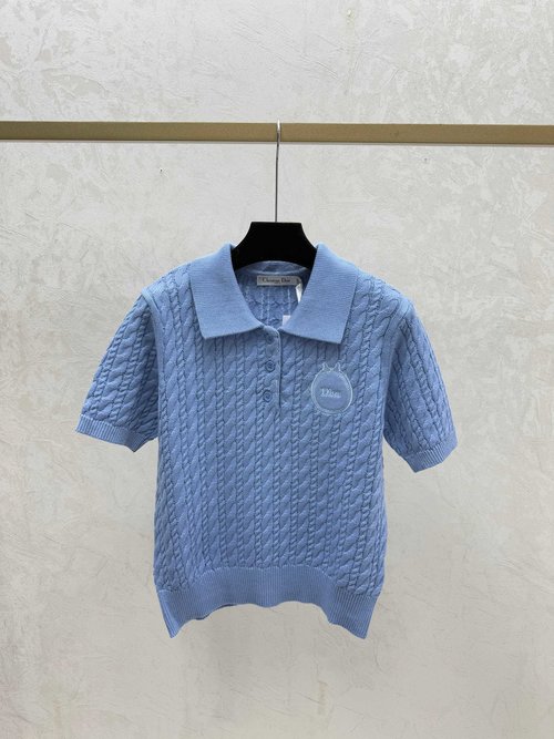 Dior Solid Color Lapel Simple Knit Short Sleeve in 3 Colors