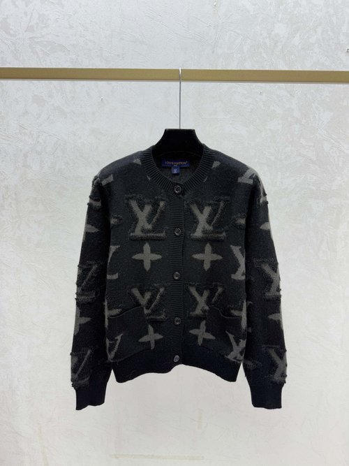Louis Vuitton Contrast Color Floral Letter Round Neck Knit Cardigan in Multiple Colors