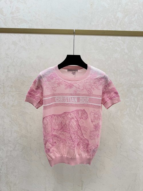 Dior White and Pink Short-sleeved Knitted Top with Tiger Embroidery