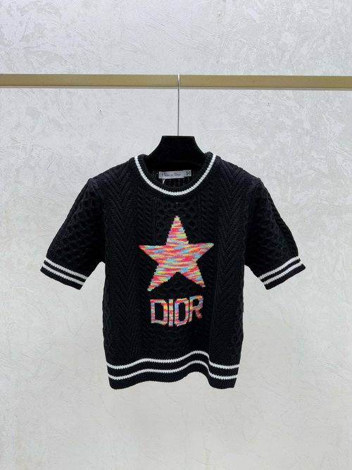 Dior Knitted Short Sleeve with Contrast Star Letters in White, Black