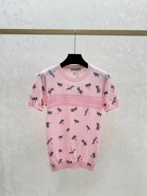 Dior Knitted Short Sleeve with Contrast Letter Bees in Gold, Pink, Black
