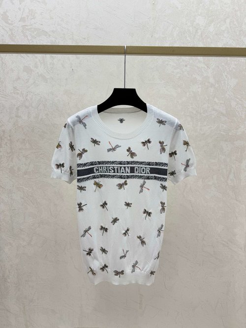 Dior Knitted Short Sleeve with Contrast Letter Bees in Gold, Pink, Black