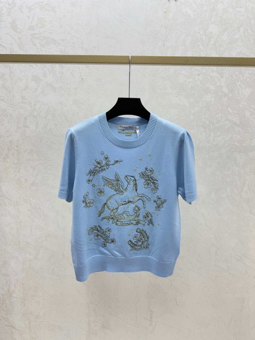 Dior Knitted Short Sleeve with Contrast Ponies in White, Blue