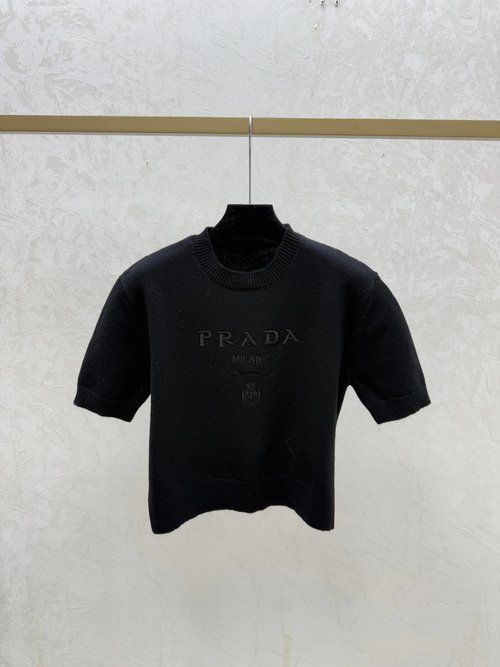 Prada Contrast Color Letter Round Collar Knit Short Sleeve in Gray, Red, Black