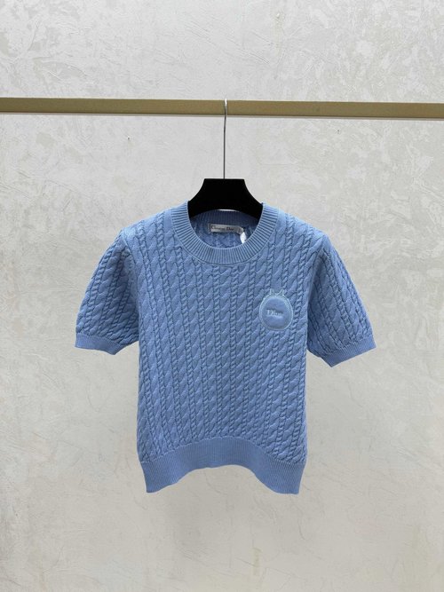 Dior Solid Color Simple Round Collar Short Sleeve Knit in Pink, Blue & Royal Blue
