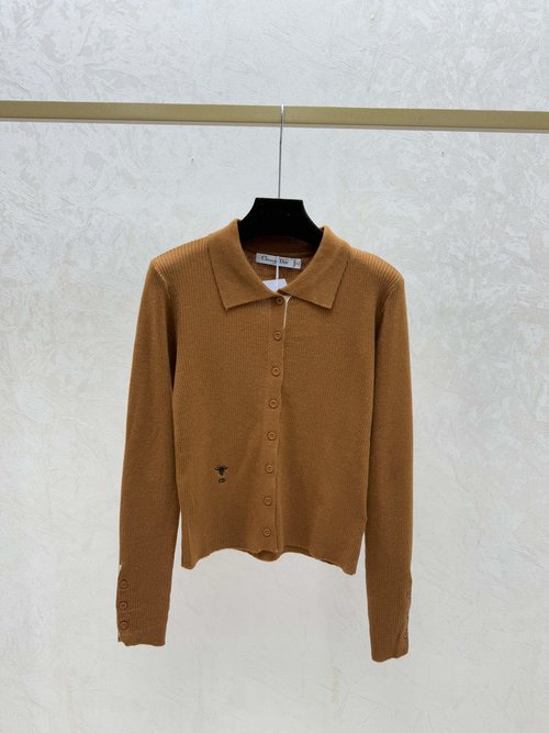 Dior Solid Collar Knitted Long Sleeve Open Cardigan, White, Gray & Coffee