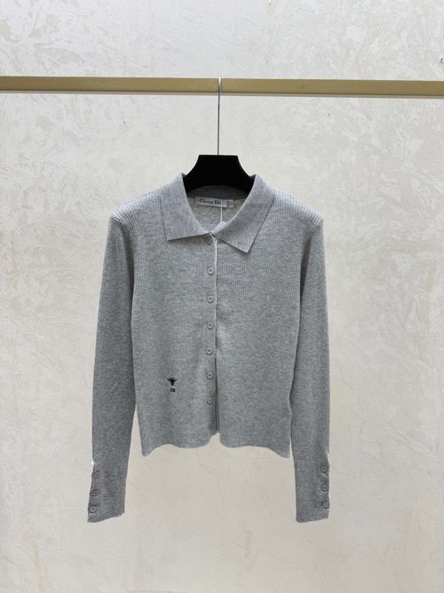 Dior Solid Collar Knitted Long Sleeve Open Cardigan, White, Gray & Coffee