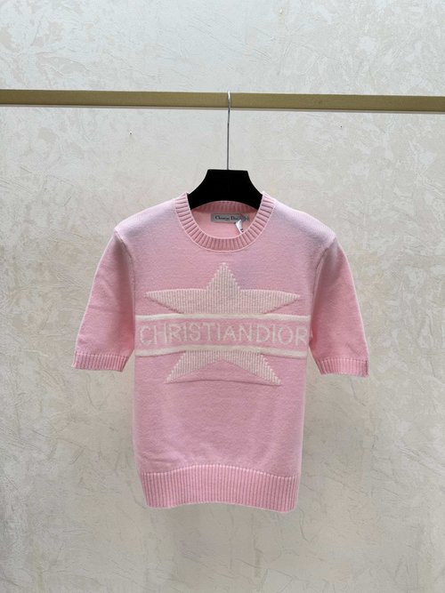 Dior Contrast Color Star and Letter Round Neck Knit Short Sleeve in White, Pink and Black
