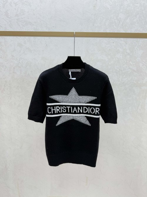 Dior Contrast Color Star and Letter Round Neck Knit Short Sleeve in White, Pink and Black