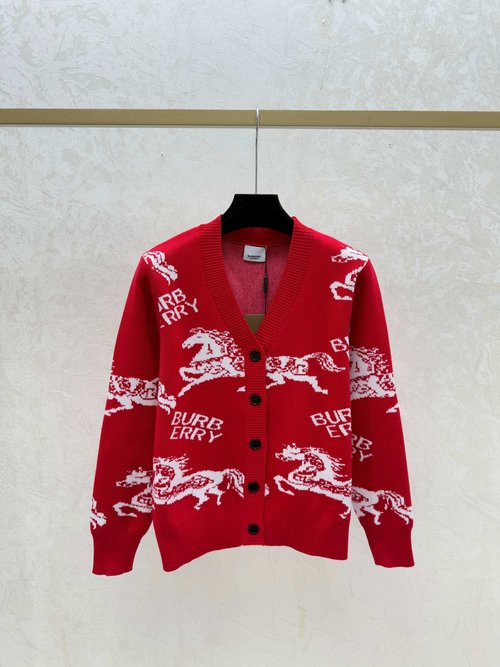 Burberry Contrasting V-Neck Knit Long Sleeve Cardigan in White, Red & Blue