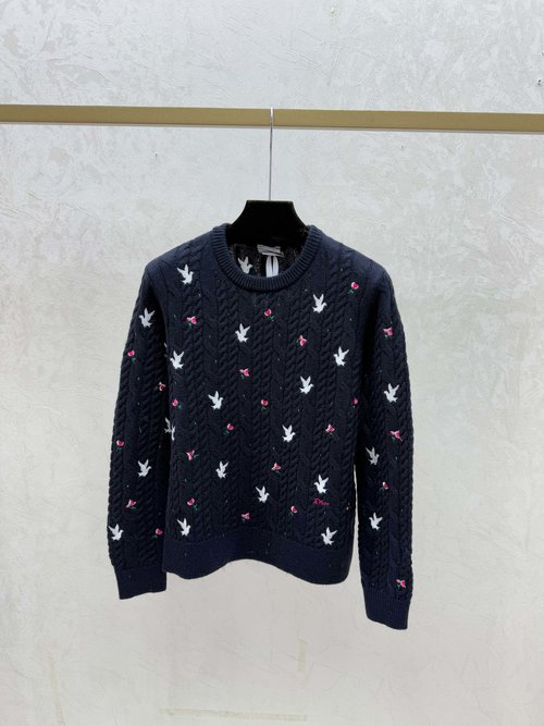 Dior New Knit Long-Sleeved Top with Contrast Flower Pattern