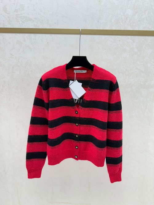 Dior Contrast Color Striped Open Cardigan with Star and Letter in Pink, Red, Black