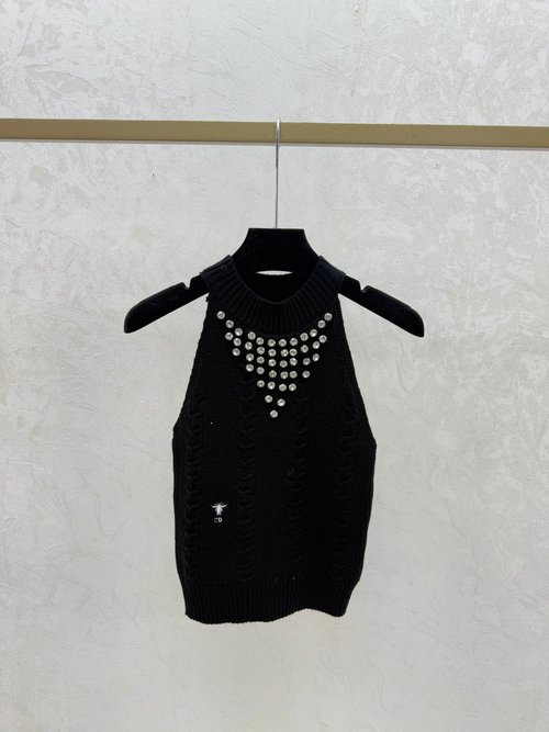 Dior Solid Color Beaded Round Neck Knit Sling Vest