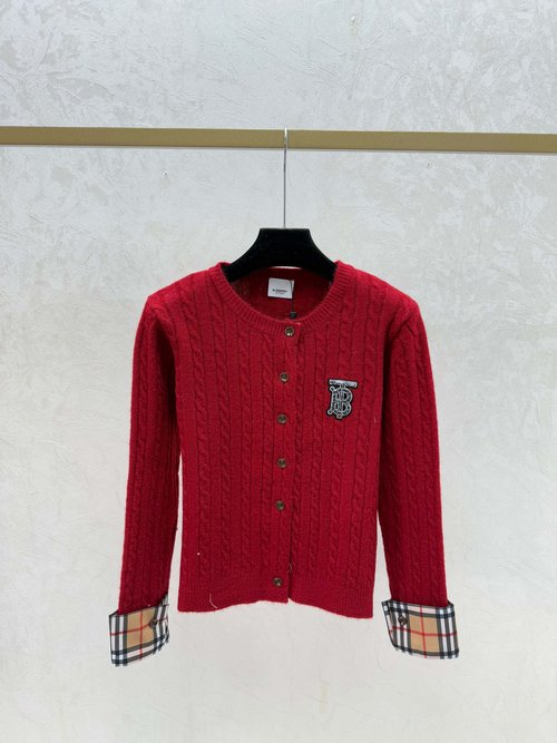 Burberry Contrasting Patchwork Round-Neck Long-Sleeve Knit Cardigan in Khaki, Red