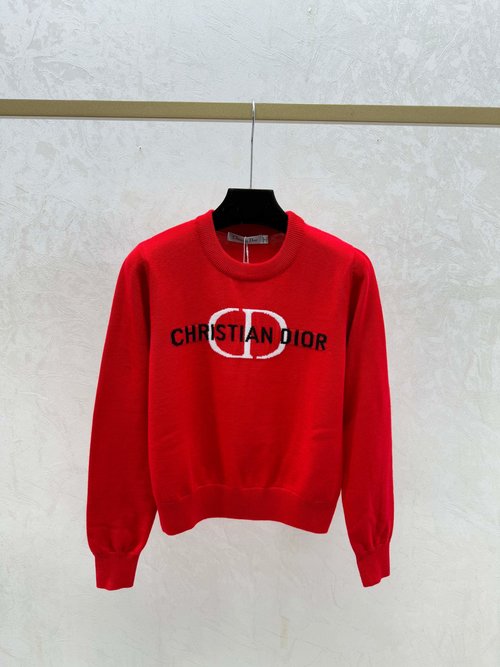 Dior Checked Letter Jacquard Round Neck Knitted Long Sleeve in White, Red and Black