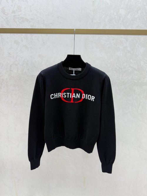 Dior Checked Letter Jacquard Round Neck Knitted Long Sleeve in White, Red and Black