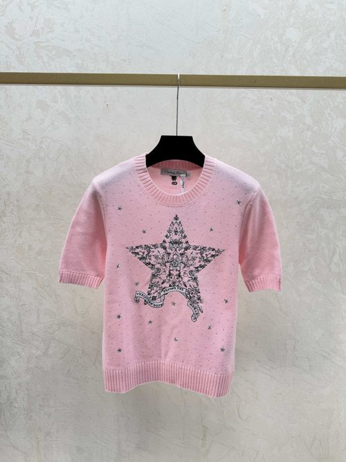 Dior Checked Star Letter Embroidery Round Neck Knitted Short Sleeve in White, Pink and Black