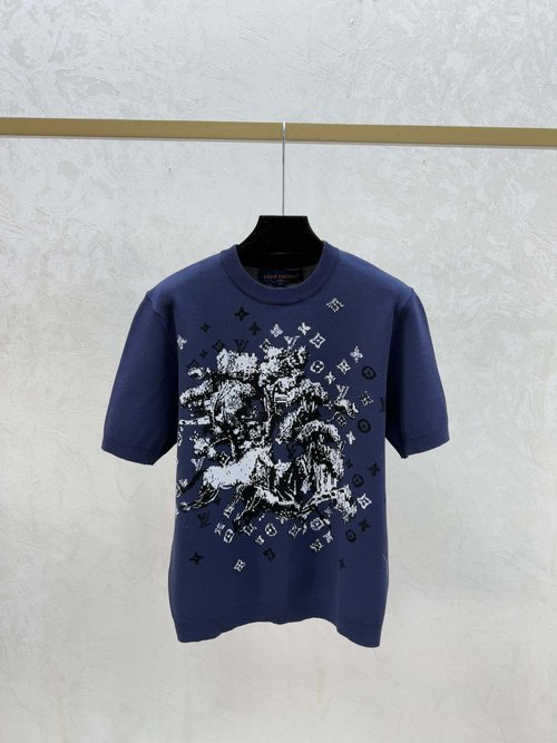 Louis Vuitton Checked Pony Vintage Letter Round Neck Knitted Short Sleeve in Navy and Khaki