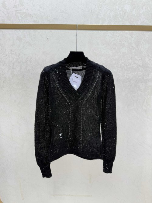 Dior Gray, Yellow and Black Solid Sequined V-Neck Knit Long-Sleeve