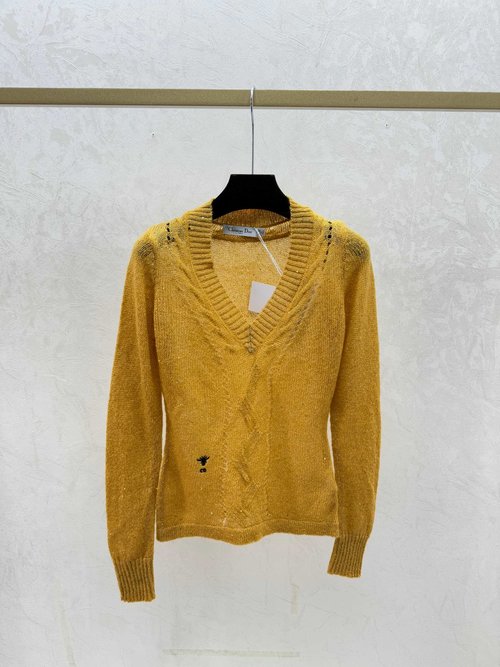Dior Gray, Yellow and Black Solid Sequined V-Neck Knit Long-Sleeve