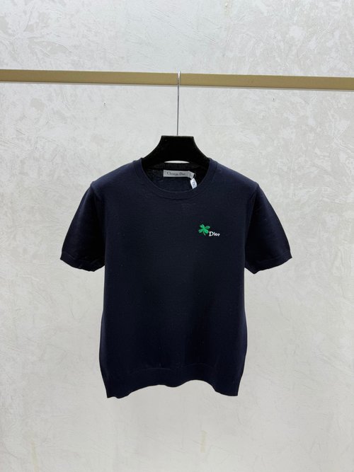 Dior White and Black Solid Round Neck Knit Short Sleeve